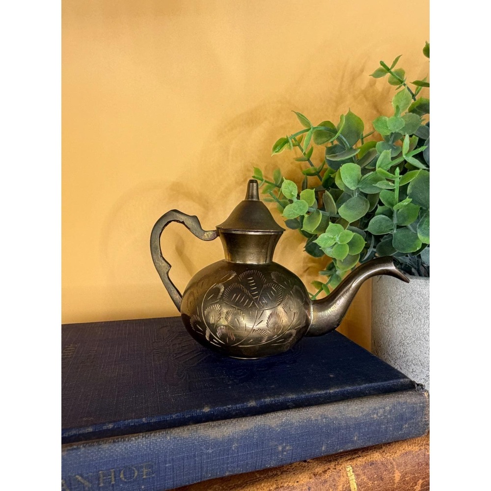 Vintage Etched Brass Mini Teapot Decorative Hand Crafted Floral Design with Lid